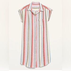 Medium Old Navy Linen Blend Cute White Stripe Beach MIDI Dress Wispy Linen Blend